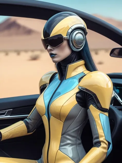 ral-opal, meahophontron, cyberpunk, alien woman (yellow suit, gray, light blue brown) Con armadura futurist, (along with a supercar) blue colors, negro, gray con soft tones, background image: (driving through the desert) soft tones, futurist