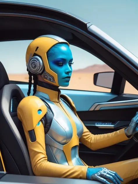 ral-opal, meahophontron, cyberpunk, alien woman (yellow suit, gray, light blue brown) Con armadura futurist, (along with a supercar) blue colors, negro, gray con soft tones, background image: (driving through the desert) soft tones, futurist