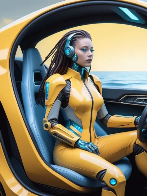 ral-opal, meahophontron, cyberpunk, (ALIEN FUTURISTIC WOMAN) (yellow suit, gray, light blue brown) With futuristic armor, (along with a supercar) blue colors, negro, gray con soft tones, background image: (driving through the sea) soft tones