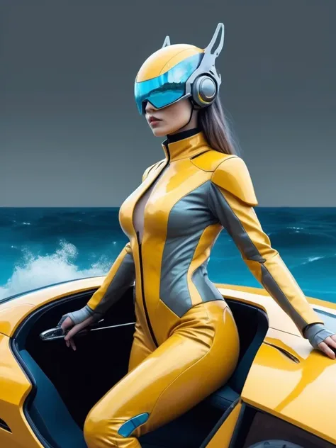 ral-opal, meahophontron, cyberpunk, (ALIEN FUTURISTIC WOMAN) (yellow suit, gray, light blue brown) With futuristic armor, (along with a supercar) blue colors, negro, gray con soft tones, background image: (driving through the sea) soft tones