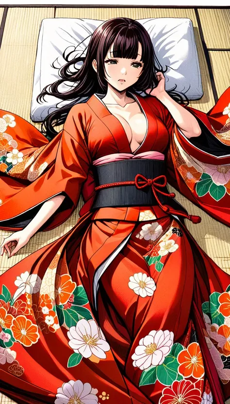 Close-up of a woman with black straight hime cut hair wearing a red and orange dress, Red kimono with flower patterns, From the Sengoku period, Long and beautiful kimono, Flowing hair and long, super shiny robes, Red kimono, Japanese Kimono, Wearing Imperi...