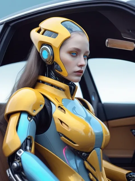 ral-opal, meahophontron, cyberpunk, (ALIEN FUTURISTIC WOMAN) robotic armor (yellow suit, gray, light blue brown) With futuristic armor, (along with a supercar) blue colors, negro, gray con soft tones, background image: (driving through the sea) soft tones