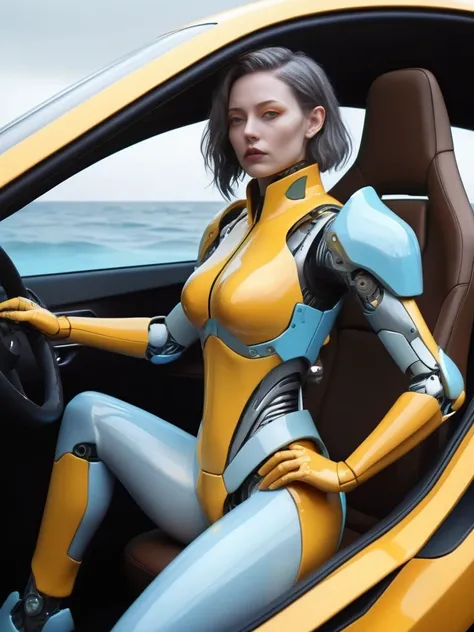 ral-opal, meahophontron, cyberpunk, (ALIEN FUTURISTIC WOMAN) robotic armor (yellow suit, gray, light blue brown) With futuristic armor, (along with a supercar) blue colors, negro, gray con soft tones, background image: (driving through the sea) soft tones