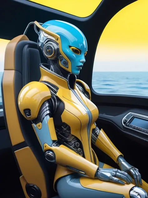 ral-opal, meahophontron, cyberpunk, (ALIEN FUTURISTIC WOMAN) robotic armor (yellow suit, gray, light blue brown) With futuristic armor, (along with a supercar) blue colors, negro, gray con soft tones, background image: (driving through the sea) soft tones