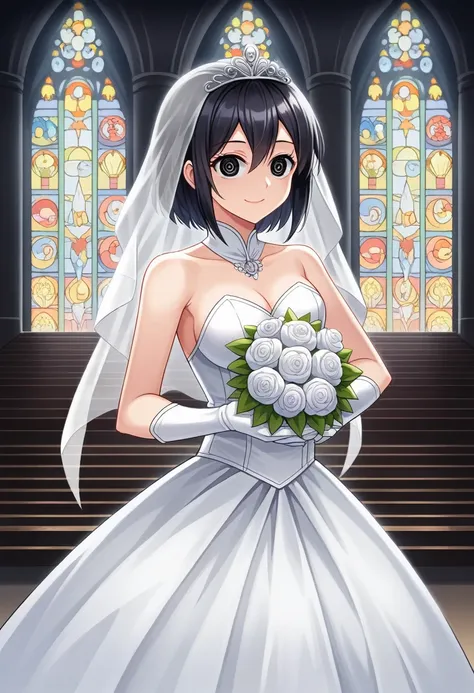 ayase aragaki, 1girl, solo, dress, tiara, black hair, bare shoulders, wedding dress, gloves, white dress,dynamic pose, (masutepi...