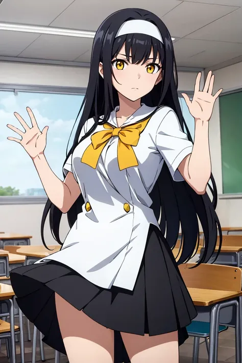 (artwork, best quality) a girl with long black hair, yellow eyes, white headband, white , black skirt, waving, in a classroom