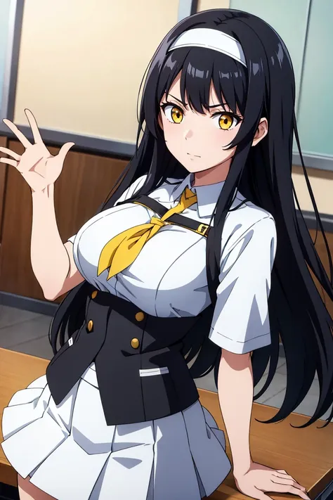 (artwork, best quality) a girl with long black hair, yellow eyes, white headband, white , black skirt, waving, in a classroom