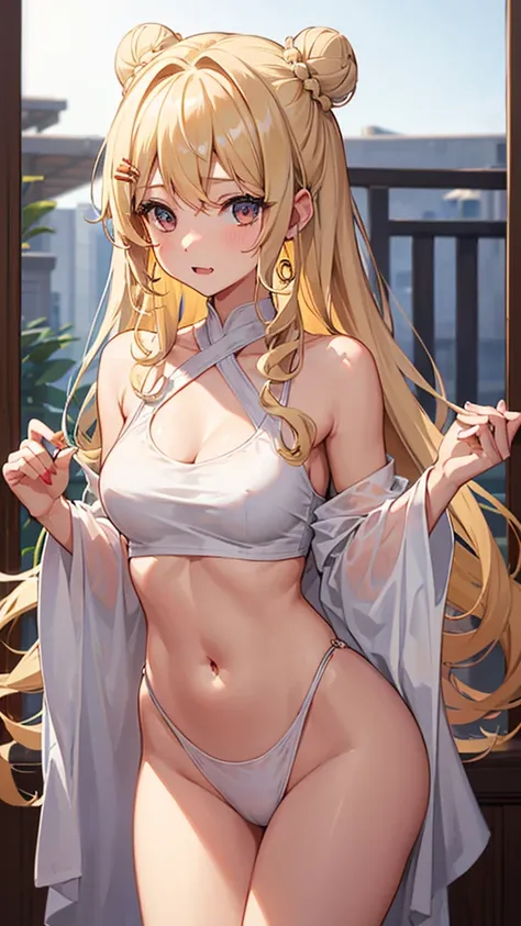 A girl with blonde curly hair that is in a singal bun and has random strains hanging down and is nude besides a crop top and dangling earrings Hair Ornament, Hair Between Eyes, Fang, 