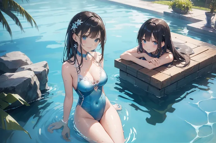 (Highest quality、detailed、Masterpiece、８K)、((((５Cute woman in person))))、(Sitting side by side by the pool)、((water surface；０．４))、slender、Wet Skin、Shiny sexy swimsuit、View from below