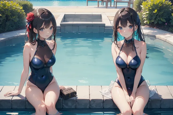 (Highest quality、detailed、Masterpiece、８K)、((((５Cute woman in person))))、(Sitting side by side by the pool)、((water surface；０．４))、slender、Wet Skin、Shiny sexy swimsuit、View from below