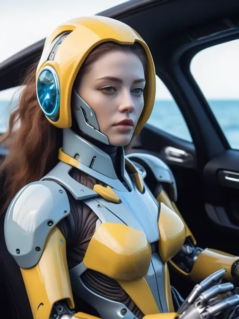 ral-opal, meahophontron, cyberpunk, (ALIEN FUTURISTIC WOMAN) robotic armor, WOMAN ROBOT FACE(yellow suit, gray, light blue brown) With futuristic armor, (along with a supercar) blue colors, negro, gray con soft tones, background image: (driving through the...