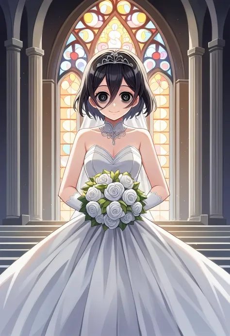 ayase aragaki, 1girl, solo, dress, tiara, black hair, bare shoulders, wedding dress, gloves, white dress,dynamic pose, (masutepi...