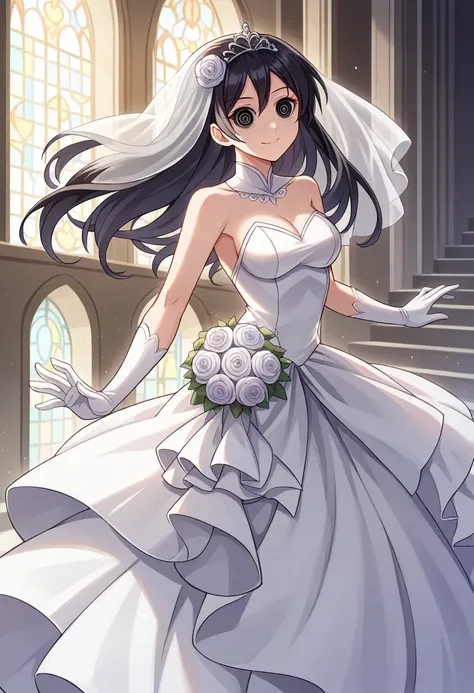 ayase aragaki, 1girl, solo, dress, tiara, black hair, bare shoulders, wedding dress, gloves, white dress,dynamic pose, (masutepiece:1.2), Best Quality, High resolution, Unity 8k Wallpaper, (Illustration:0.8), (Beautiful detailed eyes:1.6), extra detailed f...