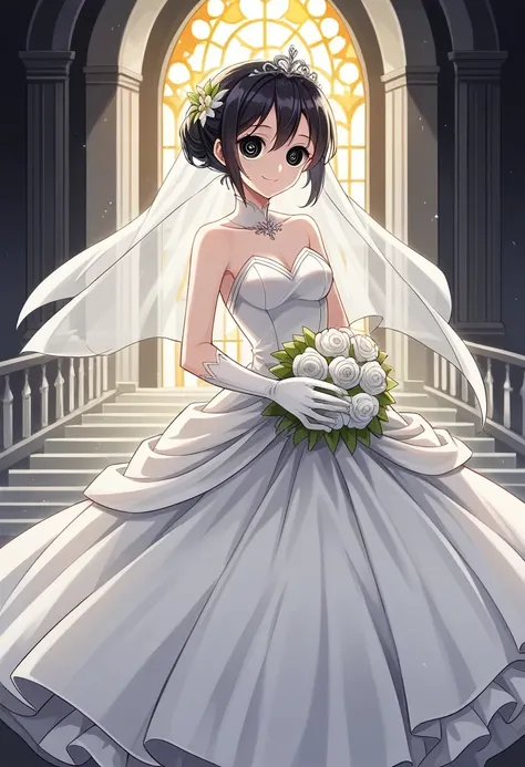 ayase aragaki, 1girl, solo, dress, tiara, black hair, bare shoulders, wedding dress, gloves, white dress,dynamic pose, (masutepi...