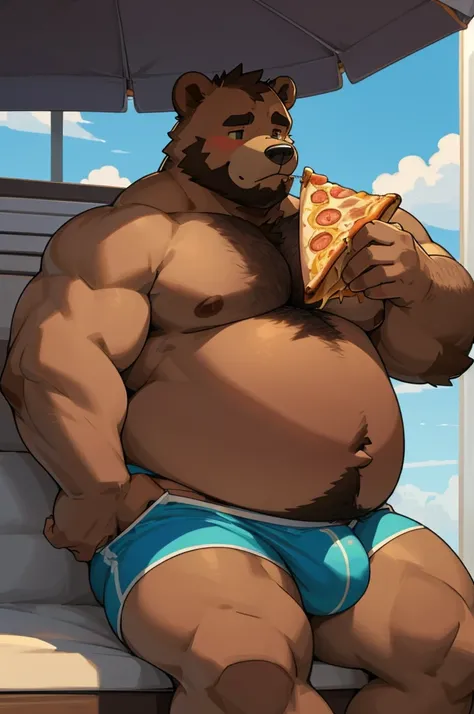 Art, furry, bear, light brown color, light blue underpants, male, thick cheeks, thick thighs, bump in groin area, hairy belly, tall, very fat, large bloated belly the size of the entire screen, one hand resting on his belly, with the other he is eating a l...