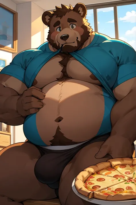 Art, furry, bear, light brown color, light blue underpants, male, thick cheeks, thick thighs, bump in groin area, hairy belly, tall, very fat, large bloated belly the size of the entire screen, one hand resting on his belly, with the other he is eating a l...