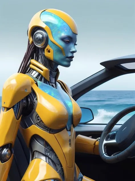 ral-opal, meahophontron, cyberpunk, (ALIEN FUTURISTIC WOMAN) robotic armor, (ROBOT WOMAN FACE) (yellow suit, gray, light blue brown) With futuristic armor, (along with a supercar) blue colors, negro, gray con soft tones, background image: (driving through ...