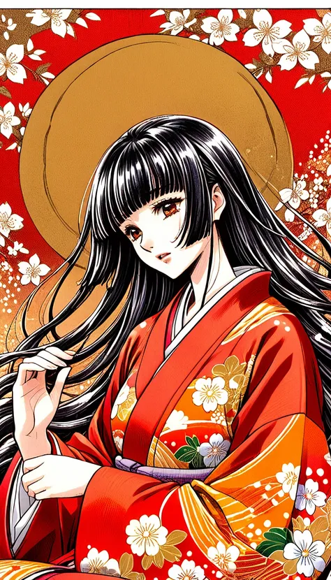 close-up of a woman with black straight hime cut hair wearing a red and orange dress, red kimono with flower patterns, from the ...