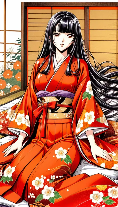 close-up of a woman with black straight hime cut hair wearing a red and orange dress, red kimono with flower patterns, from the ...