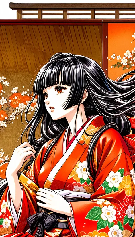 close-up of a woman with black straight hime cut hair wearing a red and orange dress, red kimono with flower patterns, from the ...