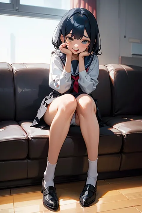 Perverted anime girl sticks out her entire tongue in a provocative way, eyes, heart, hands on her cheeks, full body, sitting on the couch, her underwear is white, she lifts her skirt 