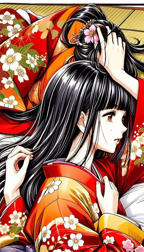 close-up of a woman with black straight hime cut hair wearing a red and orange dress, red kimono with flower patterns, from the ...