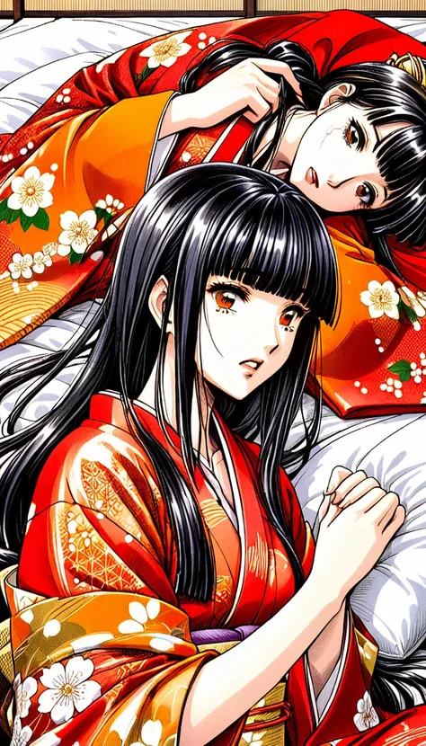 close-up of a woman with black straight hime cut hair wearing a red and orange dress, red kimono with flower patterns, from the ...