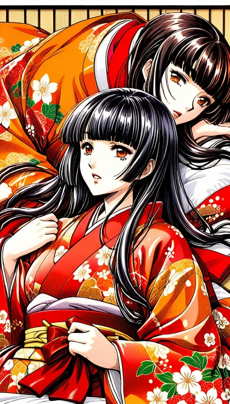 close-up of a woman with black straight hime cut hair wearing a red and orange dress, red kimono with flower patterns, from the ...