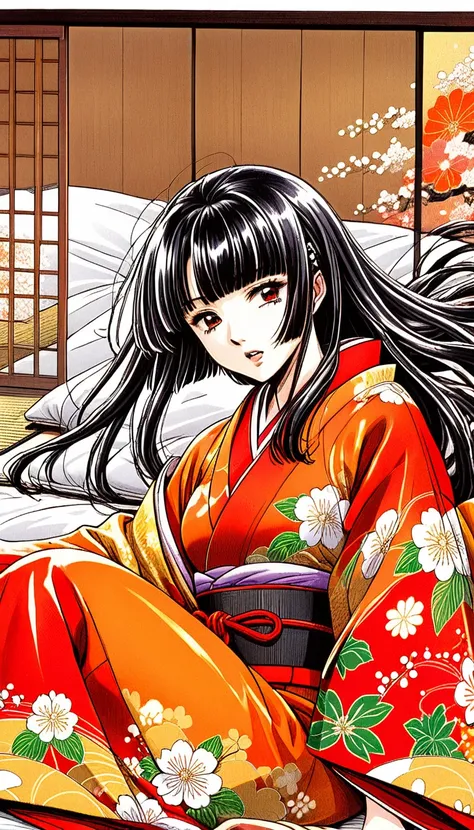 close-up of a woman with black straight hime cut hair wearing a red and orange dress, red kimono with flower patterns, from the ...