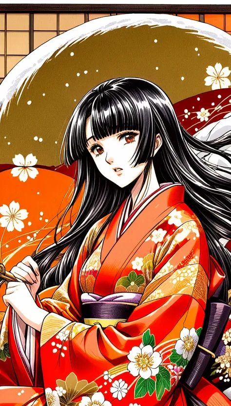 close-up of a woman with black straight hime cut hair wearing a red and orange dress, red kimono with flower patterns, from the ...