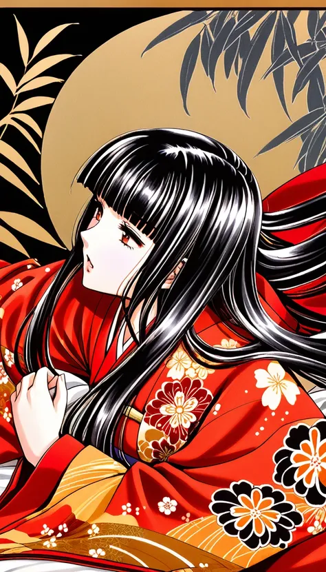 close-up of a woman with black straight hime cut hair wearing a red and orange dress, red kimono with flower patterns, from the ...