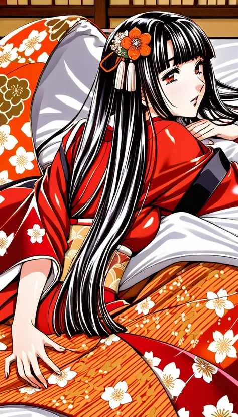 close-up of a woman with black straight hime cut hair wearing a red and orange dress, red kimono with flower patterns, from the ...