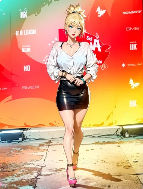 ((1woman, (solo, 1girl, alone), kohaku, blonde hair, blue eyes, tied hair)), smug, ((solo, (1woman, pink lipstick), Extremely detailed, ambient soft lighting, 4k, perfect eyes, a perfect face, perfect lighting, a 1girl)), austere, ((white dress shirt, blac...