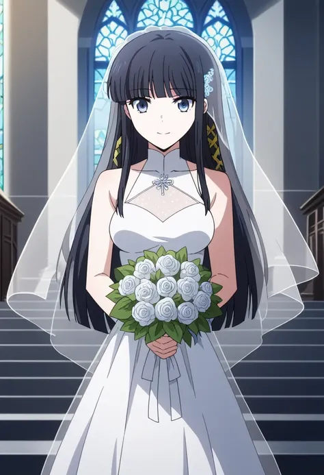 score_9, score_8_up, score_7_up, source_anime, miyukishiba, miyuki shiba, long hair, blue eyes, black hair, hair ornament, ribbon, hair ribbon, snowflake hair ornament, bangs, blunt bangs, holding, bare_shoulders, medium_breasts, blue_hair, standing, flowe...