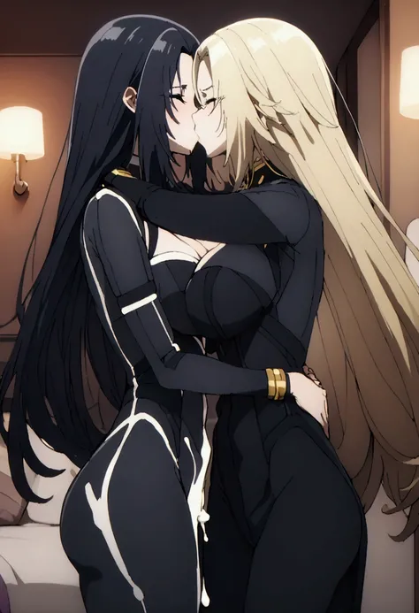 Two Women,Alpha ,Long blonde,Bodysuits,gamma,Black hair long dress, Big Breasts, kiss, (adult)
 ((White liquid dripping from the crotch)),Love Hotel,My crotch is wet,Are standing,(masterpiece:1.2), High resolution, Highest quality, 8k,