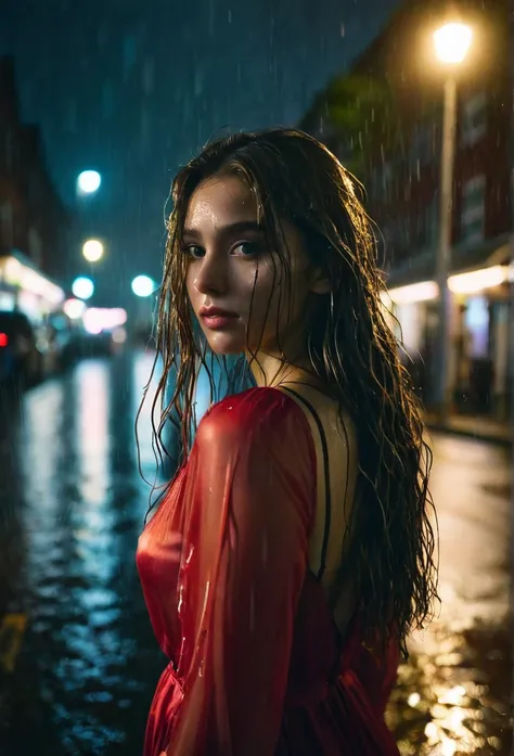 1girl,solo,long hair,rough skin,from back,face focus,(looking at viewer:1.2),wet hair,dark,polaroid,(depth_of_field:1.5),rainy d...