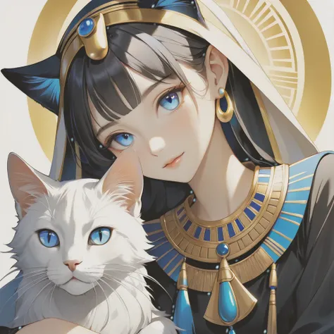 A slender pet cat、With shiny silvery fur、They have distinctive markings that resemble an elegant mask around their bright blue eyes。He looks at you with a calm yet mysterious gaze.、Gently wagging its tail。 clothing: None Background: Bastet、She is an ancien...