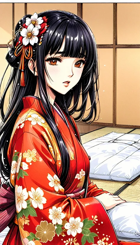 close-up of a woman with black straight hime cut hair wearing a red and orange dress, red kimono with flower patterns, from the ...