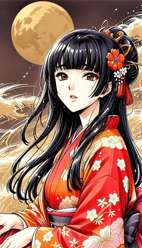 close-up of a woman with black straight hime cut hair wearing a red and orange dress, red kimono with flower patterns, from the ...