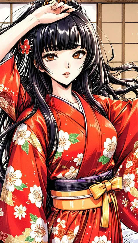 close-up of a woman with black straight hime cut hair wearing a red and orange dress, red kimono with flower patterns, from the ...