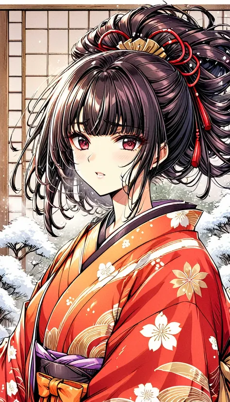 close-up of a woman with black straight hime cut hair wearing a red and orange dress, red kimono with flower patterns, from the ...