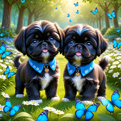 2 adorable small shih black shih tzu puppies wearing blue collars with bright blue eyes playing in park butterflies and flowes i...