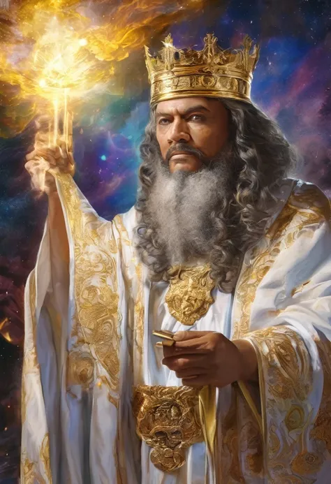 A detailed, close-up portrait of King Solomon, clad in ethereal, light royal robes, holding a book of mystical seals in his hands, surrounded by a golden aura and an explosion of cosmic energy, high quality, 18k, HDR