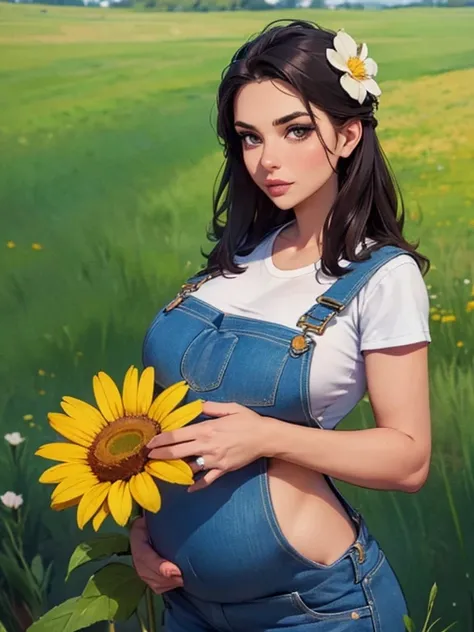 One girl, Big Tits,alone,Pregnancy exceeds,valley, masterpiece, high quality, Upper Body, Pasture, View your viewers, Overalls,Aisha Altuglu, flower, hair flower, Simple Background