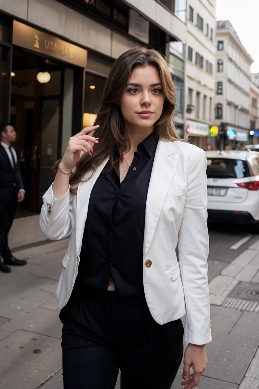 a 30 year old woman in a business suit, white skin, european features, long hair pointing