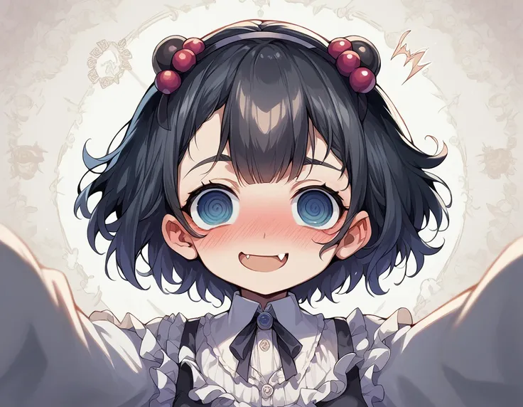 black hair, hair bobbles, wince, longeyelashes, solid circle eyes, fake animal ears, light smile, ear blush, fang, ccurate, surr...