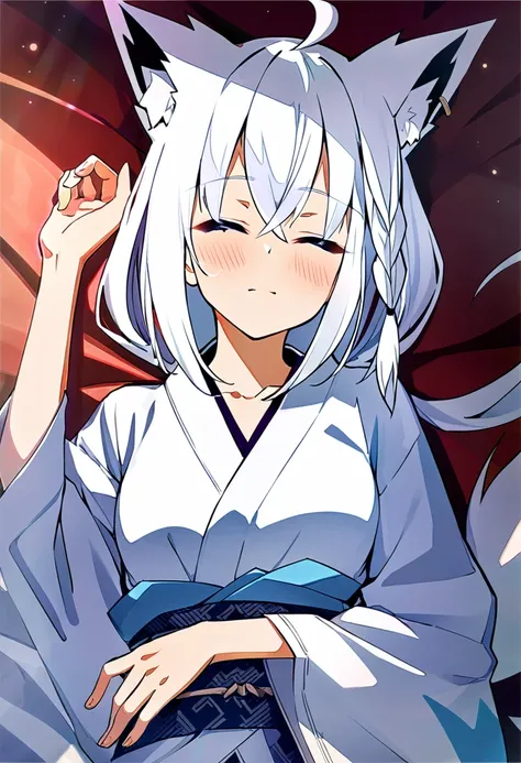 one girl, shirakami fubuki, fox ears, white hair, upperbody focus, yukata, beautiful, cute, lying on bed, sleeping