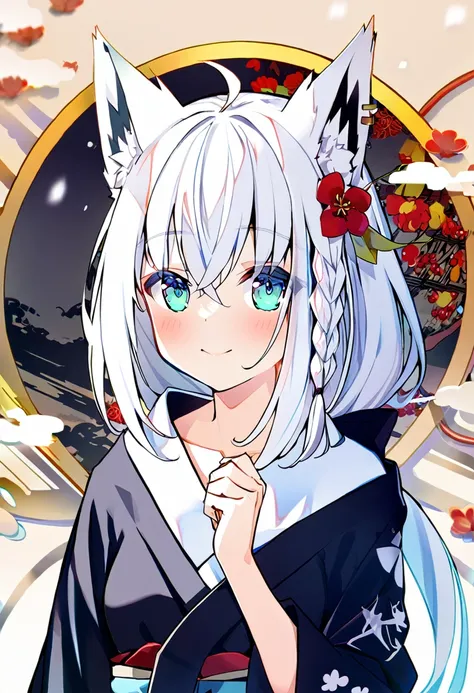 one girl, Shirakami Fubuki, fox ears, white hair, upperbody focus, yukata, beautiful, cute