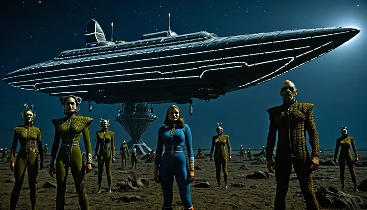 in (full medium shot:3.1) of various characters with a starship in the background from a film for slaves from beyond infinity, futuristic apocalypse, detailed, moody, epic, altered reality, insane, disgusting, disturbing, impactful, inspired by Clyde Caldw...