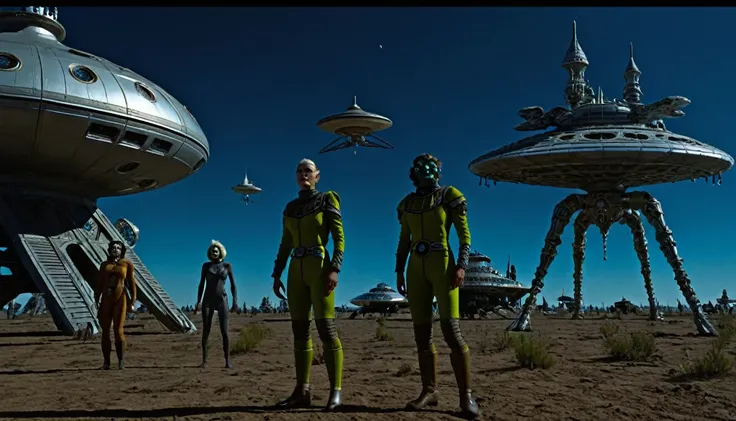 in (full medium shot:3.1) of various characters with a starship in the background from a film for slaves from beyond infinity, futuristic apocalypse, detailed, moody, epic, altered reality, insane, disgusting, disturbing, impactful, inspired by Clyde Caldw...